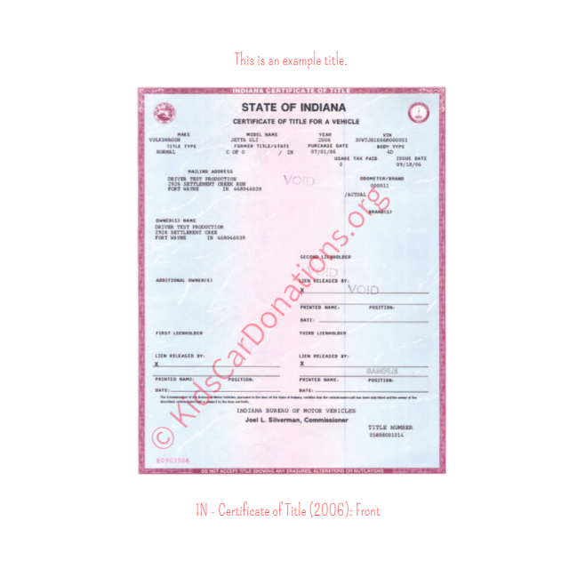 This is an Example of Indiana Certificate of Title (2006) Front View | Kids Car Donations